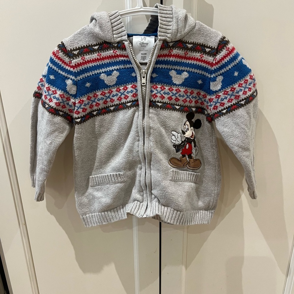 Disney Gray Hooded Zip Sweater with Mickey & Fair Isle Accents 18-24m